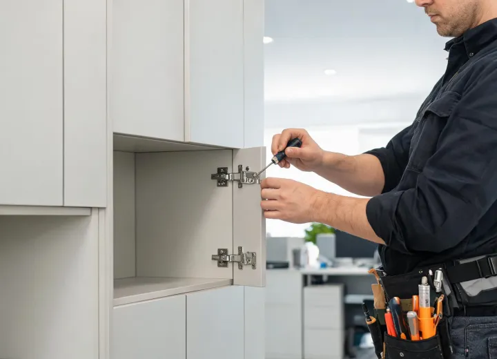 Installer aligning commercial cabinet doors