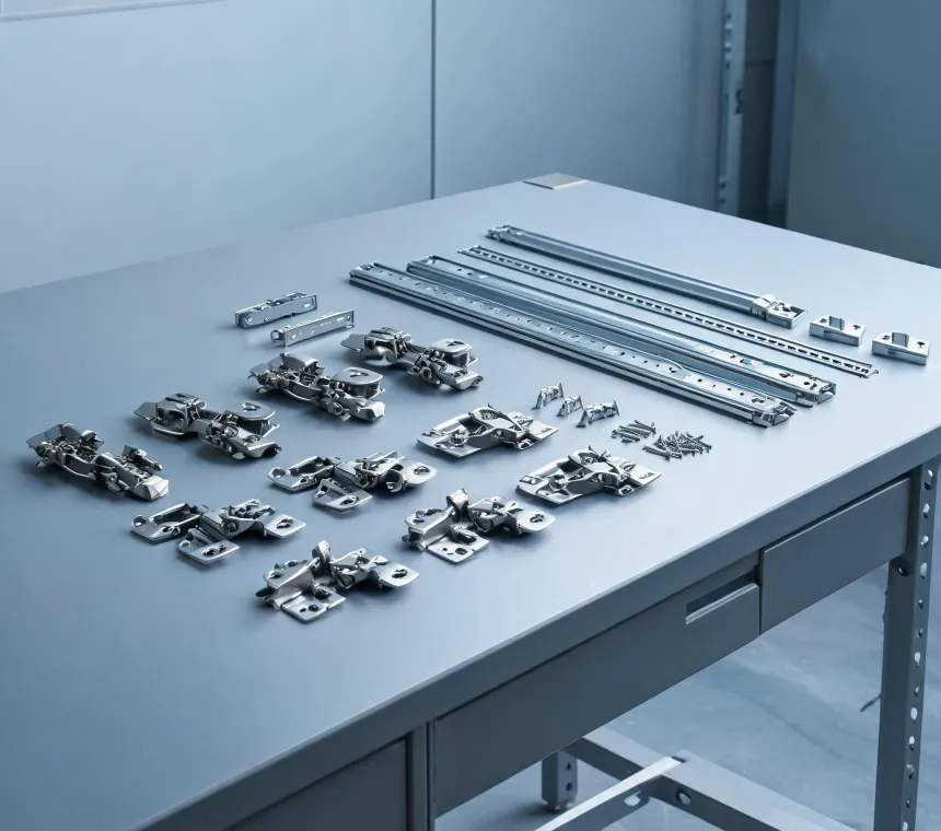 Hettich drawer slide and hinge hardware on a cabinet assembly bench