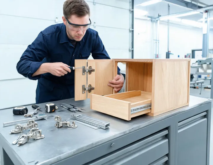 Technician checking cabinet hinge and drawer slide alignment